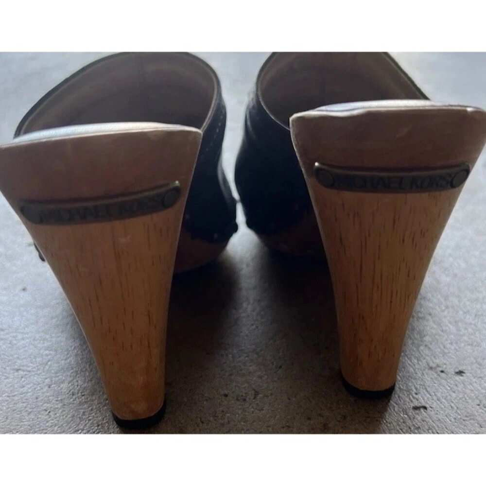 Michael Kors Leather Studd Wood clogs Luggage Brown Platform Heels Womens Size 4 - Picture 5 of 15